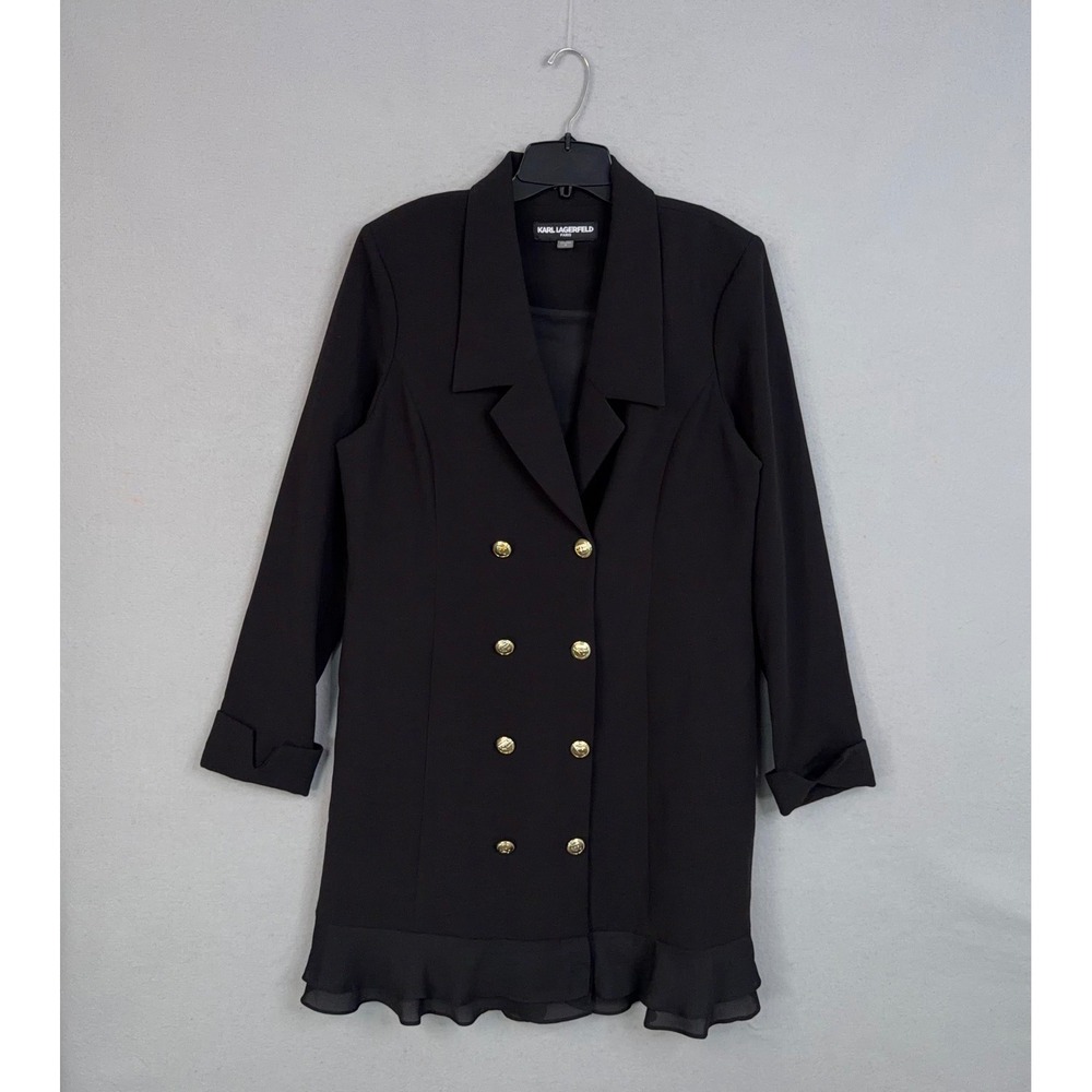 Karl Lagerfeld Blazer Dress Womens 16 Black Ruffle Hem Double Breasted Career
